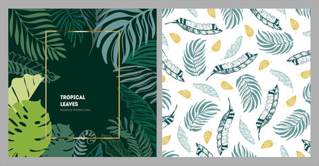 Vector post template for social networks made of tropical leaves with a gold frame for text. Graphic design trend.