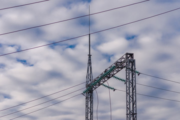 Fototapeta premium High Voltage Cables.Power station overcast cloudy day.power wires autumn day.Electric transformers.