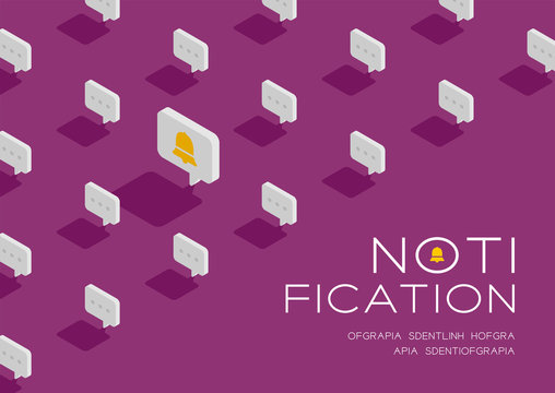 Bell sign in speech bubble message 3D isometric pattern, Notification alert concept poster and social banner post horizontal design illustration isolated on purple background with copy space, vector