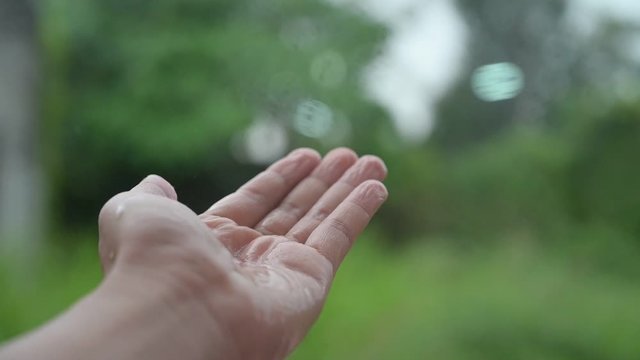 Raining drops of water flowing into the hands