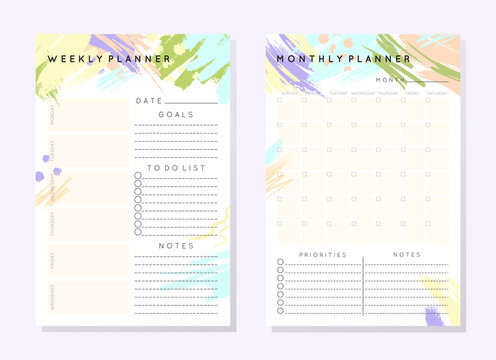 Vector planner templates with hand drawn shapes and textures in pastel colors.Organizer and schedule with place for notes,goals and to do list.Trendy minimalistic style.Abstract modern design.