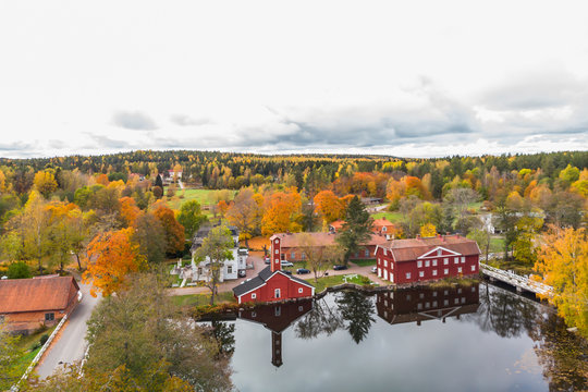 Aerial view of old village Ruotsinpyhtaa at autumn, Finland.