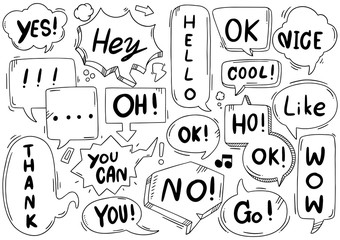 001 hand drawn background Set of cute speech bubble eith text in doodle style
