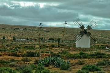 Fototapeta na wymiar empty mysterious mountainous landscape from the center of the Canary Island Spanish Fuerteventura with a cloudy sky and original windmills