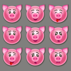Set of funny pigs with different emotions. Pig smiles. Pig muzzles. Vector illustration
