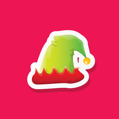 vector funky cartoon cute christmas elf hat isolated on pink background. vector kids colorful elf hat sticker, icon or label . Christmas decorative design element for banner, flyer or poster