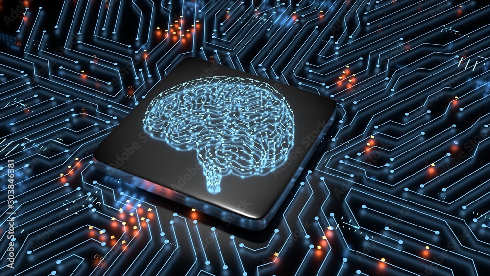 Poster 3d rendering of artificial intelligence hardware concept. glowing blue brain circuit on microchip on