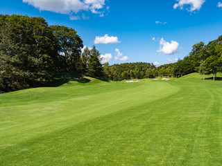 Fototapeta premium Golf Course with beautiful green field. Golf course with a rich green turf beautiful scenery.