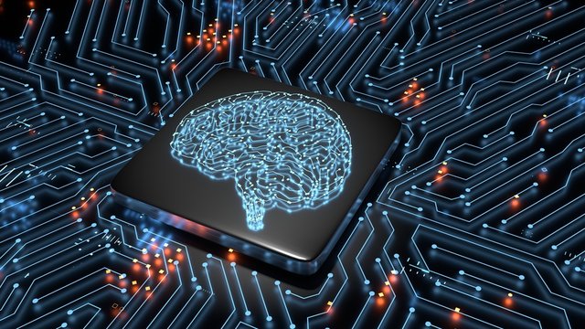 3D Rendering of artificial Intelligence hardware concept. Glowing blue brain circuit on microchip on computer motherboard. For stock trading, financial management, or technology product background