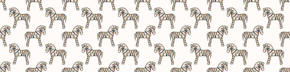 Fototapeta na wymiar Cartoon Toy Zebra Seamless Border Pattern. Cute Safari Animal Banner Background. Hand Drawn Kawaii Gender Neutral Kid Motif Ribbon Trim Illustration Doodle in Flat Color. EPS 10