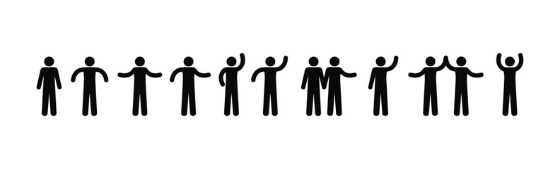 man icon, stick figure people illustration, isolated human silhouettes, hand gestures