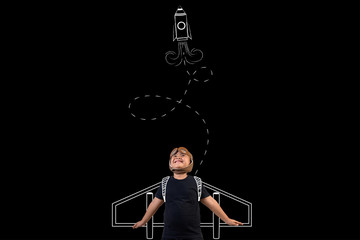 The boy pretends to be a superhero and is playing as an astronaut. Draw concept