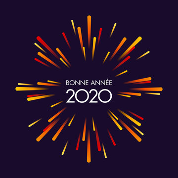 Carte de vœux 2020, dynamique et festive, avec un feu d’artifice aux couleurs chaudes sur un fond noir pour fêter la nouvelle année.