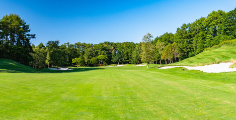 Plakat Golf Course with beautiful green field. Golf course with a rich green turf beautiful scenery.