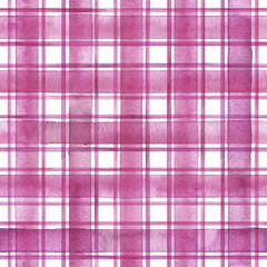 Watercolor stripe plaid seamless pattern. Pink stripes on white background