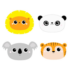 Lion Koala Panda bear Tiger round face head icon set. Kawaii wild animal. Cute cartoon character. Funny baby kids print. Love Greeting card. Flat design. White background. Isolated.