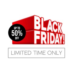 3D Black Friday Sale Poster, Banner. Spesial Offer. Up To 50 . End Off Season. Red Text. Template Illustration Isolated on White Background. Ready For Your Design. Vector EPS10