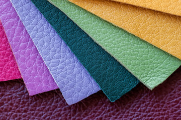 Set of colorful samples of fashion genuine leather, modern industry concept. Texture pattern for...