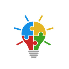 Light bulb vector icon from colorful jigsaw puzzle pieces on white background. Four puzzle pieces connected to each other - obrazy, fototapety, plakaty