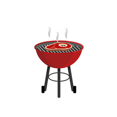 Barbecue grill with grilled meat, piece of pork. Illustration of colorful BBQ icon on white background. BBQ grill party sign