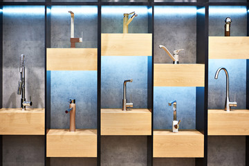 Exhibition of kitchen taps in store