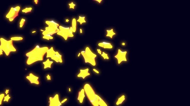 Realistic 3d cartoon yellow stars flying and rotated on black background. Abstract bright concept for games or broadcast decoration. Loop 3d animation.