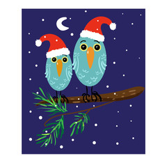 Christmas card with funny owls on a fir branch.