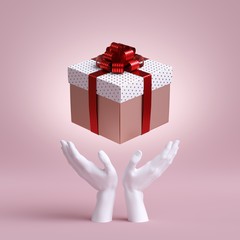 3d white mannequin hands holding wrapped gift box with red ribbon bow. Seasonal festive clip art, isolated on pink background. Abstract concept.
