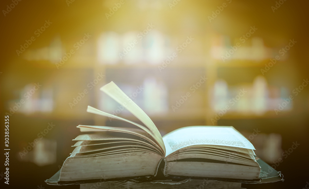 Poster stack of books in the library and blur bookshelf background