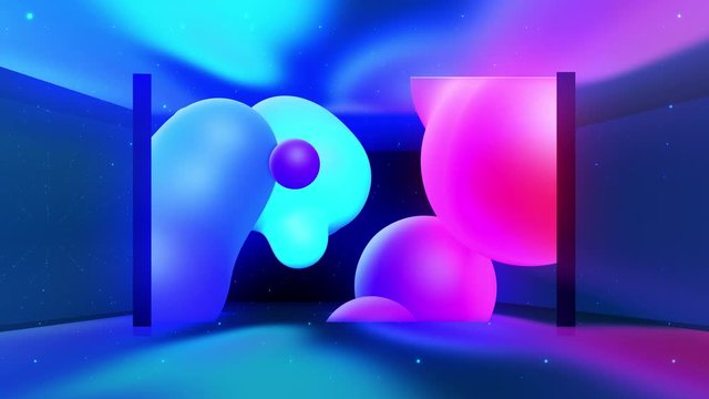 Spheres merge like liquid drops or metaballs move in-air smoothly, like underwater. Abstract liquid gradient of colors on beautiful 3d spherical forms, multi-colored glow, scattering light inside. 11