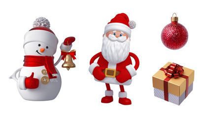 3d Snowman, Santa Claus, gift box, bell, glass ball. Christmas clip art set isolated on white background. Festive ornaments. Cute cartoon characters. Holiday icons, seasonal decor elements.