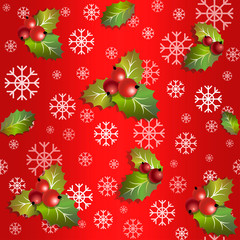 Christmas seamless red pattern with snowflakes, mistletoe leaves and holly berries. Vector illustration.