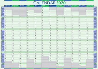 calendar 2020 with vertical rows and days on the same level