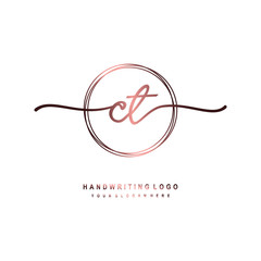CT Initial handwriting logo design with circle lines dark pink gradation color. handwritten logo for fashion, beauty, team, wedding, luxury logo