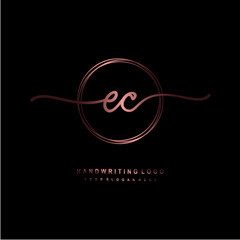 EC Initial handwriting logo design with circle lines dark pink gradation color. handwritten logo for fashion, beauty, team, wedding, luxury logo
