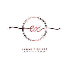 EX Initial handwriting logo design with circle lines dark pink gradation color. handwritten logo for fashion, beauty, team, wedding, luxury logo