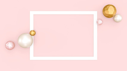 Abstract minimalist pink background, white frame, space for text. Gold, rose golden, white pearl...
