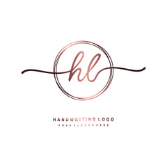 Obraz premium HL Initial handwriting logo design with circle lines dark pink gradation color. handwritten logo for fashion, beauty, team, wedding, luxury logo