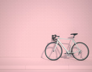 Fototapeta premium White bicycle in the lower right corner of the frame 3d rendering. 3d illustration ecological urban transport. Vintage bicycle in the room against wall. Copy space. peach tone background.