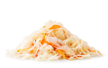 Pile of sauerkraut with carrots on a white background, isolated.
