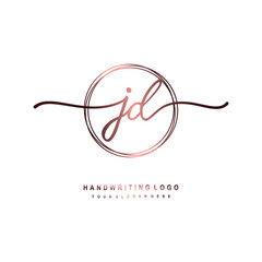JD Initial handwriting logo design with circle lines dark pink gradation color. handwritten logo for fashion, beauty, team, wedding, luxury logo