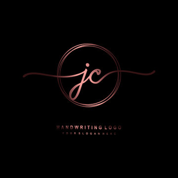 JC Initial handwriting logo design with circle lines dark pink gradation color. handwritten logo for fashion, beauty, team, wedding, luxury logo