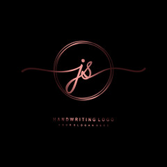 JS Initial handwriting logo design with circle lines dark pink gradation color. handwritten logo for fashion, beauty, team, wedding, luxury logo