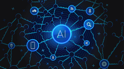 Artificial Intelligence Technology. Science Network Concept Background. Digital Neuron Data Structure Design. Ai Neural Learning System. Artificial Intelligence Blue Background. Cyber System Structure