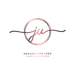 JU Initial handwriting logo design with circle lines dark pink gradation color. handwritten logo for fashion, beauty, team, wedding, luxury logo