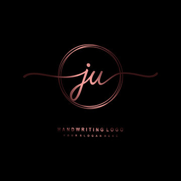 JU Initial handwriting logo design with circle lines dark pink gradation color. handwritten logo for fashion, beauty, team, wedding, luxury logo