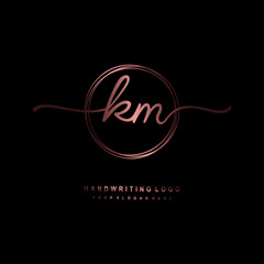 KM Initial handwriting logo design with circle lines dark pink gradation color. handwritten logo for fashion, beauty, team, wedding, luxury logo