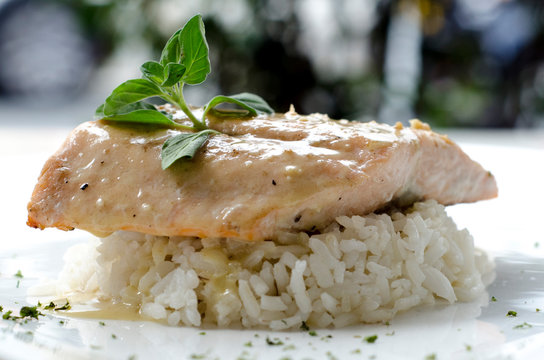 Salmon Steak With Rice And Pepper