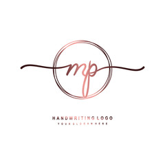 MP Initial handwriting logo design with circle lines dark pink gradation color. handwritten logo for fashion, beauty, team, wedding, luxury logo
