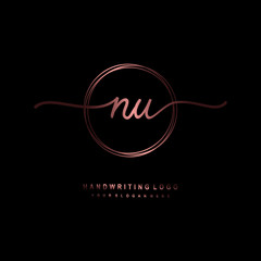 NU Initial handwriting logo design with circle lines dark pink gradation color. handwritten logo for fashion, beauty, team, wedding, luxury logo